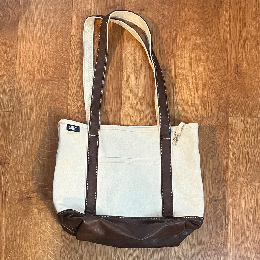 Lands' End Ivory and Brown Canvas Tote with Leather Handles and Bottom
